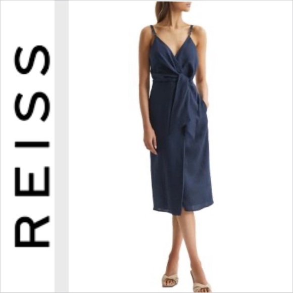 REISS | Esme Linen Dress navy 4 - Picture 1 of 14